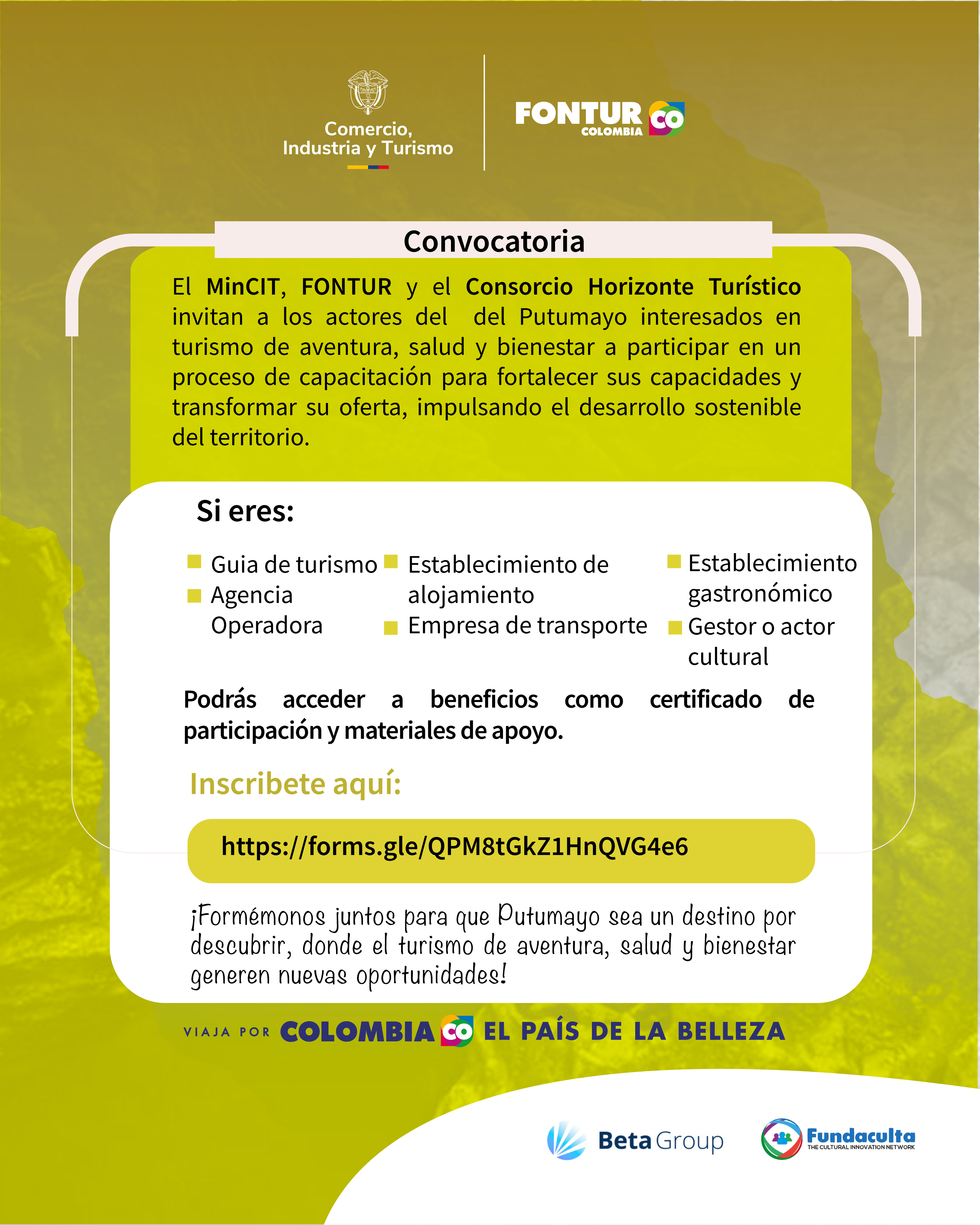 Formación en: Diseño y gestión de experiencias turísticas para los actores de la cadena de valor del turismo de los departamentos de Putumayo